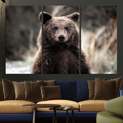 47112103-MGV-CV-36X24-Brown Bear Wall Art Canvas Print, Framed Forest Wildlife Art Picture Print, Woodland Bear Perfect Rustic Cabin Decor Artwork