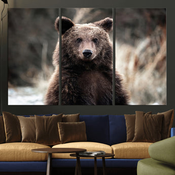47112103-MGV-CV-36X24-Brown Bear Wall Art Canvas Print, Framed Forest Wildlife Art Picture Print, Woodland Bear Perfect Rustic Cabin Decor Artwork