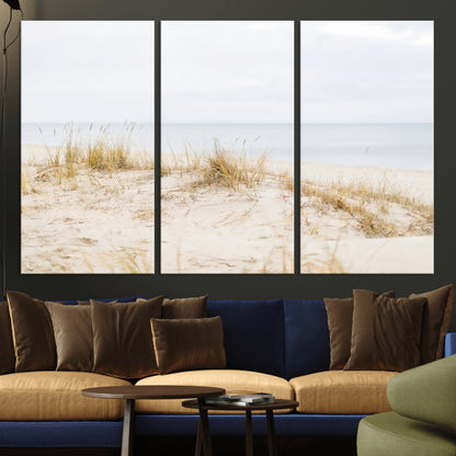 13146857-MGV-CV-48X32-3P-Beach Dunes Wall Art Canvas Print, Framed Soft Horizon Art Picture Print, Coastal Grass Perfect Minimalist Coastal Decor Artwork