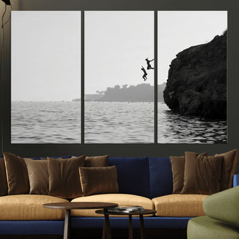 52284302-MGV-CV-36X24-Cliff Jumping Wall Art Canvas Print, Framed Ocean Adventure Art Picture Print, Black White Coast Perfect Modern Coastal Decor