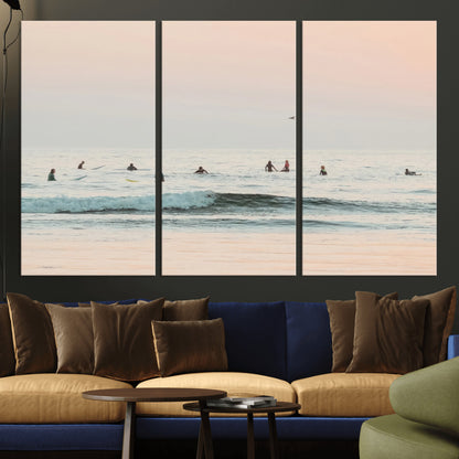 98888919-MGV-CV-48X32-3P-Pastel Ocean Wall Art Canvas Print, Framed Soft Sunset Swimming Art Picture Print, Calm Sea Horizon Perfect Soft Coastal