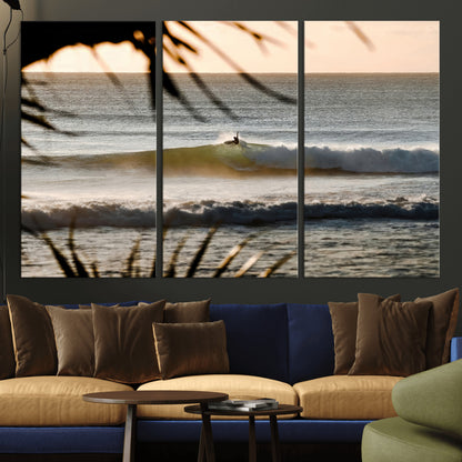 24896468-MGV-CV-36X24-Sunset Surf Wall Art Canvas Print, Framed Golden Waves Art Picture Print, Tropical Ocean Perfect Tropical Boho Decor Artwork