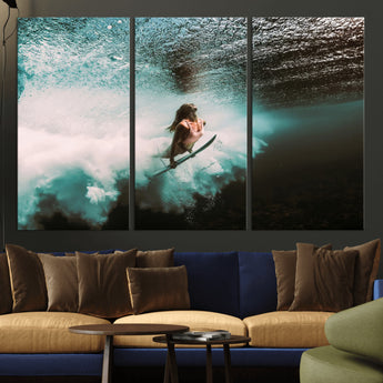 85923512-MGV-CV-36X24-Aquatic Motion Wall Art Canvas Print, Framed Underwater Swimming Art Picture Print, Female Surfer Diving Perfect Coastal Boho