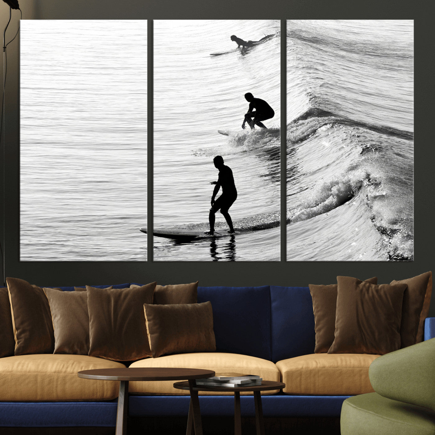 19875284-MGV-CV-36X24-Surfer Waves Wall Art Canvas Print, Framed Black White Surf Art Picture Print, Monochrome Ocean Perfect Modern Coastal Decor