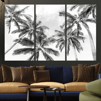 62113786-MGV-CV-36X24-Black White Palm Wall Art Canvas Print, Framed Monochrome Tropics Art Picture Print, Minimalist Beach Perfect Coastal Minimalist