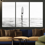 98446901-MGV-CV-36X24-Monochrome Surf Wall Art Canvas Print, Framed Minimalist Surfer Art Picture Print, Surfboard Silhouette Perfect Coastal Minimalist