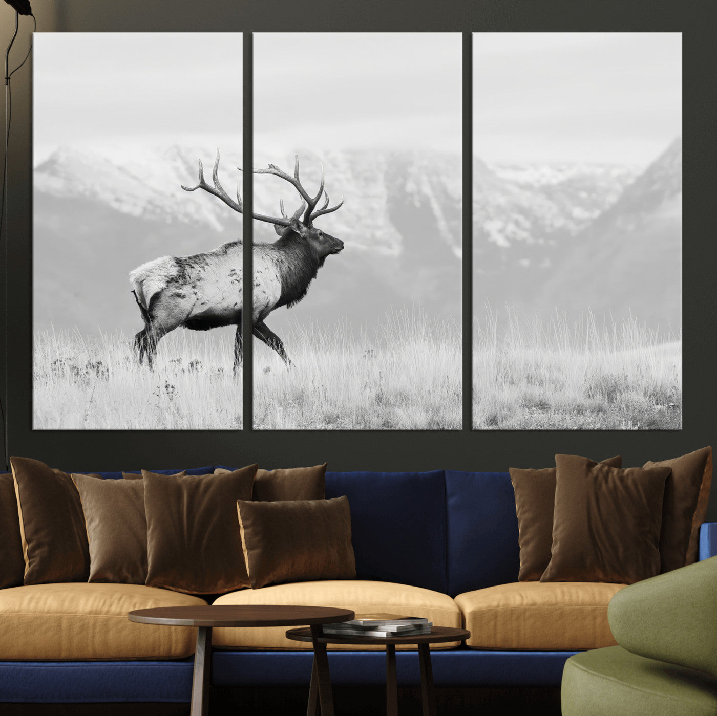 62278753-MGV-CV-36X24-Monochrome Elk Wall Art Canvas Print, Framed Mountain Wildlife Art Picture Print, Rustic Nature Perfect Rustic Minimalist Decor