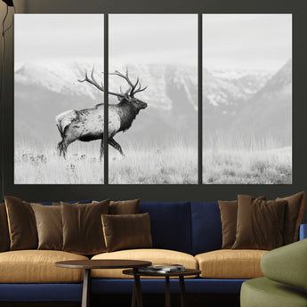 62278753-MGV-CV-36X24-Monochrome Elk Wall Art Canvas Print, Framed Mountain Wildlife Art Picture Print, Rustic Nature Perfect Rustic Minimalist Decor