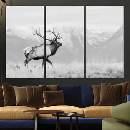 62278753-MGV-CV-36X24-Monochrome Elk Wall Art Canvas Print, Framed Mountain Wildlife Art Picture Print, Rustic Nature Perfect Rustic Minimalist Decor
