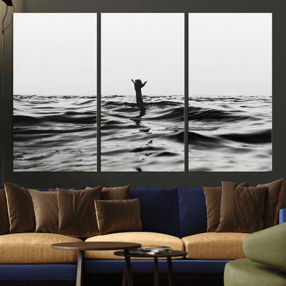 69541918-MGV-CV-36X24-Black White Ocean Wall Art Canvas Print, Framed Moody Seascape Art Picture Print, Surfer Sign Perfect Moody Minimalist Decor