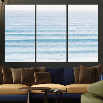 77145995-MGV-CV-36X24-Ocean Simplicity Wall Art Canvas Print, Framed Surfer on Water Art Picture Print, Light Blue Perfect Coastal Minimalist Decor