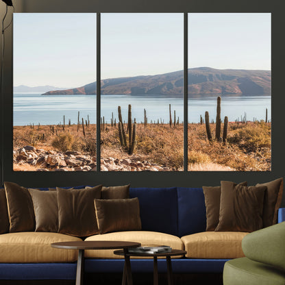 45193515-MGV-CV-36X24-Desert Cactus Wall Art Canvas Print, Framed Baja Coastline Art Picture Print, Coastal Desert Perfect Southwestern Minimalist Decor