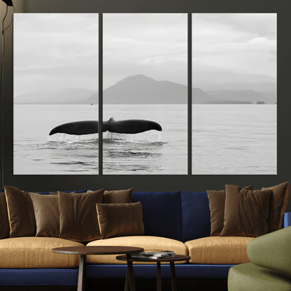 30524220-MGV-CV-36X24-Whale Tail Wall Art Canvas Print, Framed Black White Ocean Art Picture Print, Calm Marine Perfect Minimalist Coastal Decor Artwork