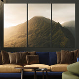 42338636-MGV-CV-36X24-Golden Mountain Wall Art Canvas Print, Framed Misty Summit Art Picture Print, Rugged Landscape Perfect Moody Wilderness Decor