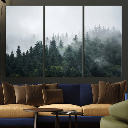 84146572-MGV-CV-36X24-Foggy Pine Trees Wall Art Canvas Print, Framed Forest Nature Art Picture Print, Evergreen Forest Perfect Scandinavian Minimalist
