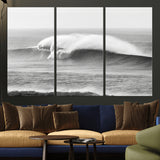 42544082-MGV-CV-48X32-3P-Monochrome Seascape Wall Art Canvas Print, Framed Surf Wave Art Picture Print, Minimalist Ocean Perfect Moody Coastal Decor