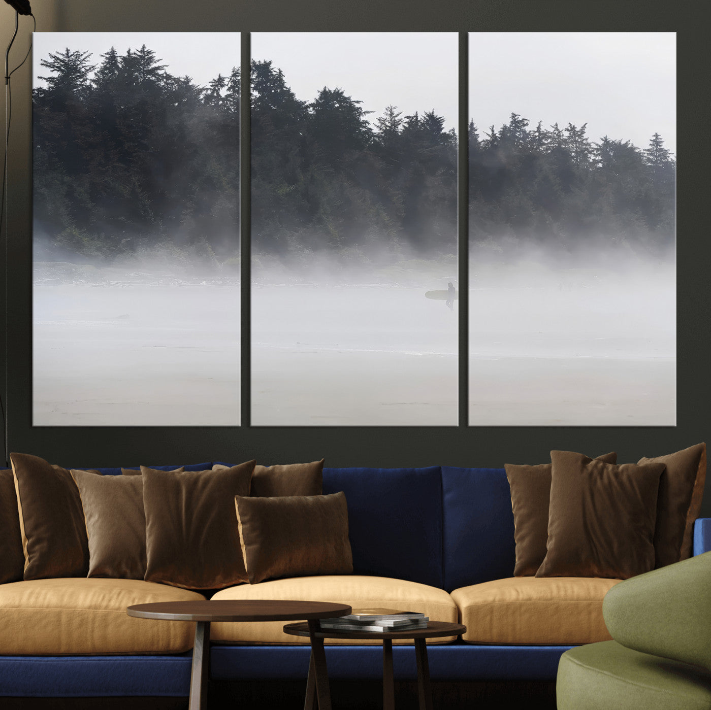 59703275-MGV-CV-36X24-Surfer in Fog Wall Art Canvas Print, Framed Foggy Beach Art Picture Print, Coastal Surf Perfect Moody Coastal Decor Artwork