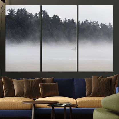 59703275-MGV-CV-36X24-Surfer in Fog Wall Art Canvas Print, Framed Foggy Beach Art Picture Print, Coastal Surf Perfect Moody Coastal Decor Artwork