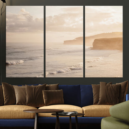 57669769-MGV-CV-36X24-Misty Coastal Wall Art Canvas Print, Framed Golden Sunset Art Picture Print, Serene Shoreline Perfect Tranquil Coastal Decor