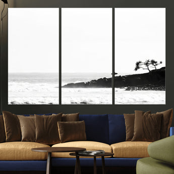 40875891-MGV-CV-36X24-SurferCliffs Wall Art Canvas Print, Framed Black White Beach Art Picture Print, Ocean Waves Perfect Minimalist Coastal Decor