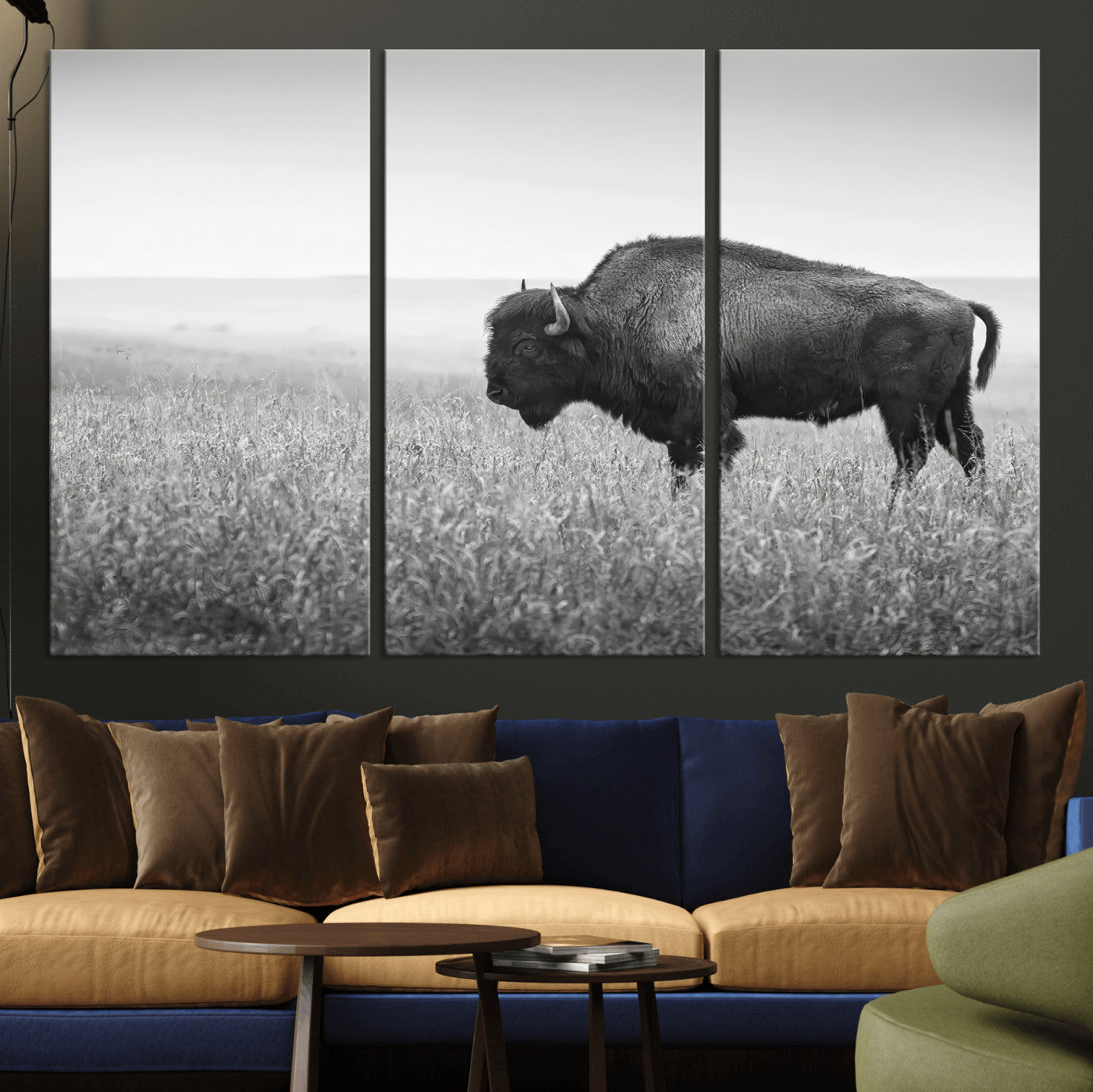 28435251-MGV-CV-36X24-Bison In Prairie Wall Art Canvas Print, Framed Rustic Wildlife Art Picture Print, Wild Buffalo Perfect Rustic Western Decor