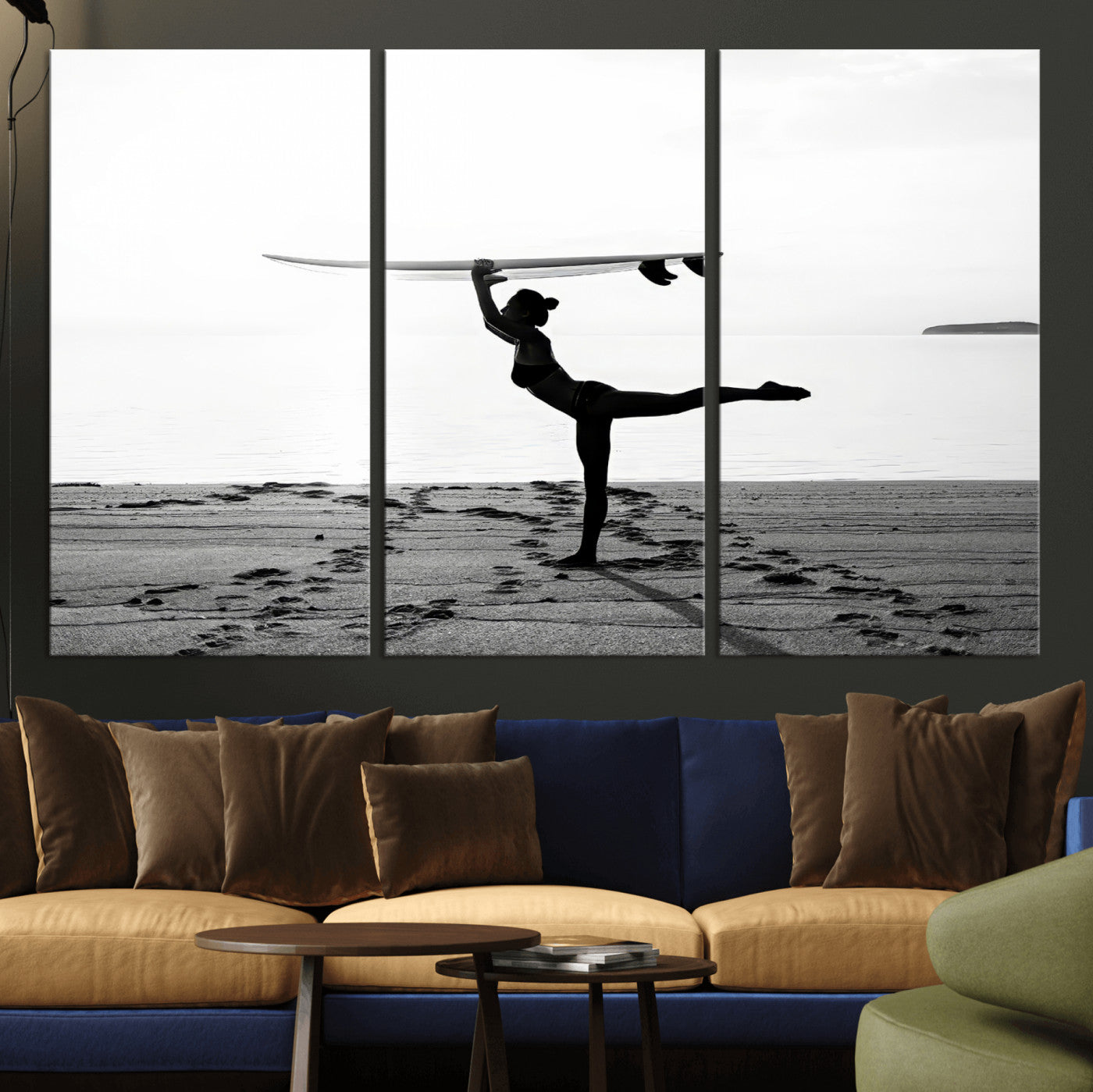 28441356-MGV-CV-36X24-Yoga Surf Wall Art Canvas Print, Framed Black White Shore Art Picture Print, Peaceful Ocean Perfect Minimalist Coastal Decor