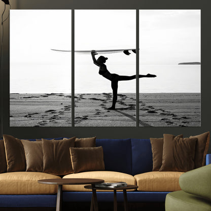 28441356-MGV-CV-36X24-Yoga Surf Wall Art Canvas Print, Framed Black White Shore Art Picture Print, Peaceful Ocean Perfect Minimalist Coastal Decor