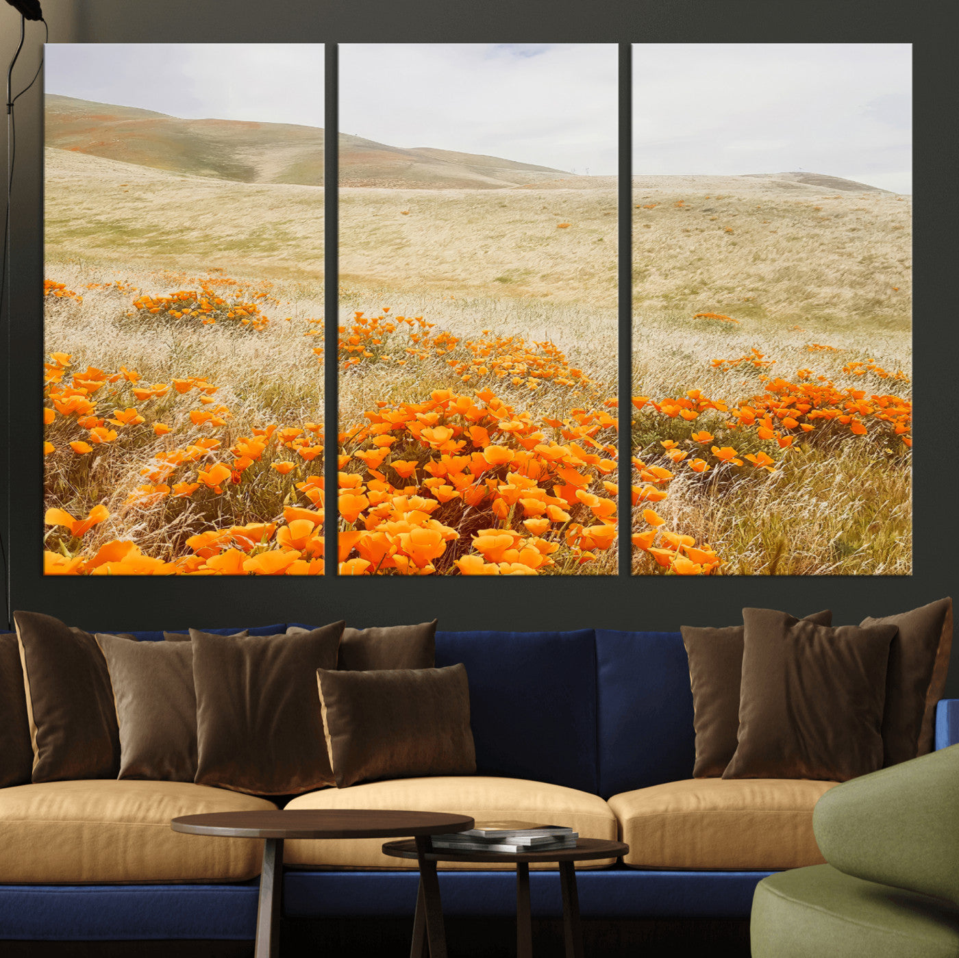 28972262-MGV-CV-36X24-Golden Wildflowers Wall Art Canvas Print, Framed Hills Bloom Art Picture Print, Poppy Meadow Perfect Rustic Nature Decor Artwork