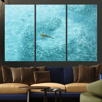 43671474-MGV-CV-48X32-3P-Fish Swarm Wall Art Canvas Print, Framed Marine Life Art Picture Print, Shark Aerial Perfect Wildlife Coastal Decor Artwork
