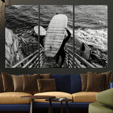 32353707-MGV-CV-36X24-Black White Surfing Wall Art Canvas Print, Framed Coastal Surfing Art Picture Print, Wave Riders Perfect Coastal Adventure Decor