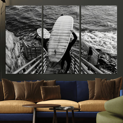 32353707-MGV-CV-36X24-Black White Surfing Wall Art Canvas Print, Framed Coastal Surfing Art Picture Print, Wave Riders Perfect Coastal Adventure Decor