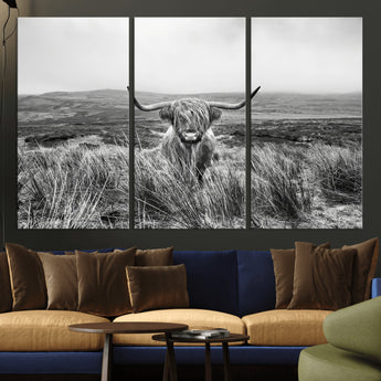 24051061-MGV-CV-36X24-Monochrome Highland Cow Wall Art Canvas Print, Framed Scottish Bull Art Picture Print, Lone Cattle Perfect Rustic Farmhouse Decor