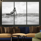 69798068-MGV-CV-36X24-Black White Surfing Wall Art Canvas Print, Framed Ocean Horizon Art Picture Print, Surfer Girl Perfect Coastal Adventure Decor