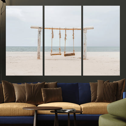 68327283-MGV-CV-36X24-Beach Swing Wall Art Canvas Print, Framed Quiet Beach Art Picture Print, Calm Shoreline Perfect Bohemian Coastal Decor Artwork