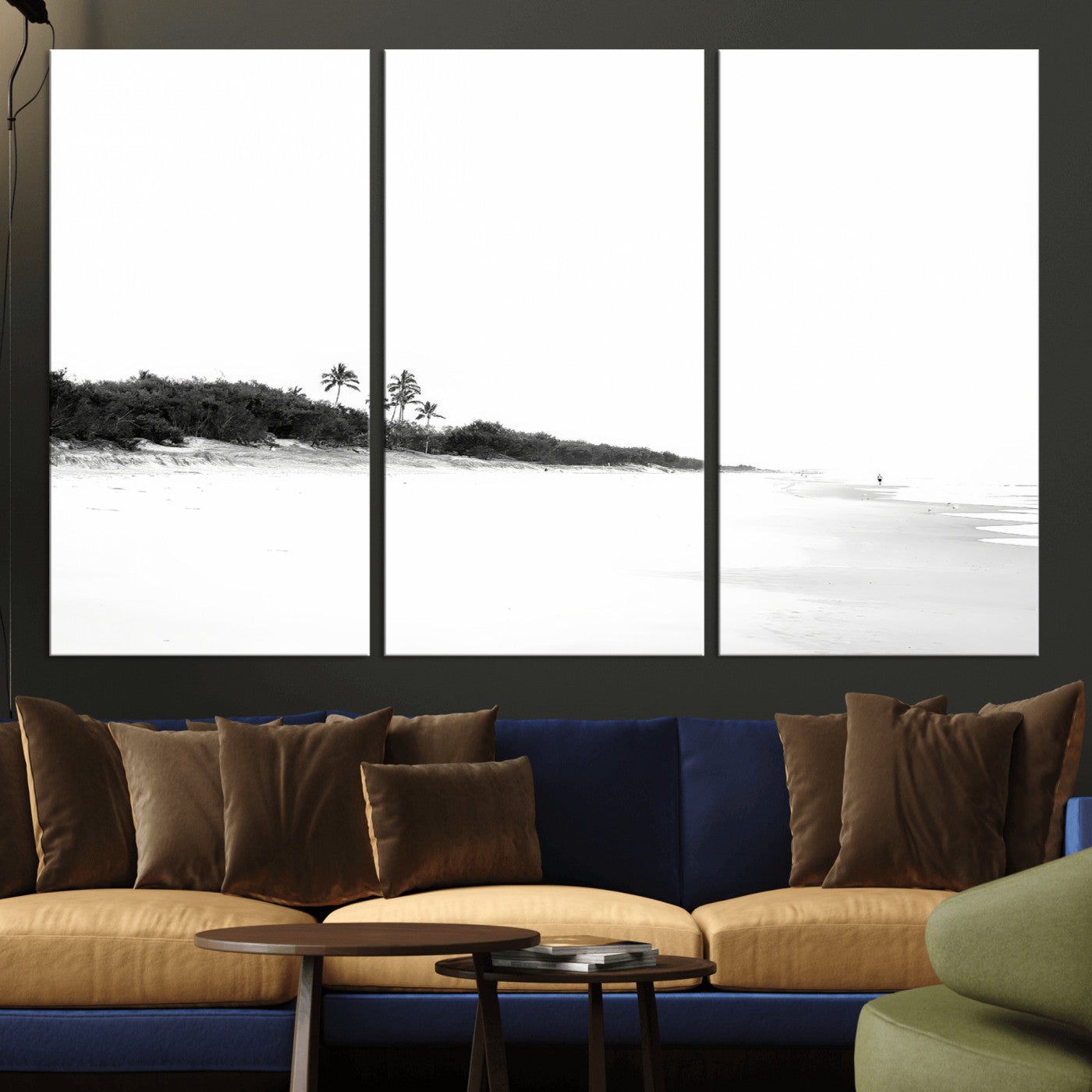 29611516-MGV-CV-36X24-Black White Beach Wall Art Canvas Print, Framed Palm Trees Art Picture Print, Monochrome Tropical Perfect Minimalist Coastal Decor