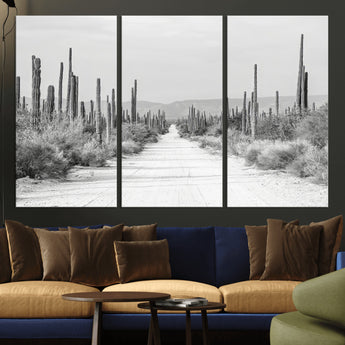 35537313-MGV-CV-36X24-Monochrome Desert Wall Art Canvas Print, Framed Cactus Path Art Picture Print, Southwestern Landscape Perfect Southwestern