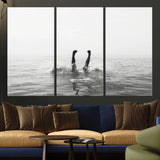 26667396-MGV-CV-36X24-Black White Ocean Wall Art Canvas Print, Framed Monochrome Water Art Picture Print, Diving into Water Perfect Minimalist Aquatic