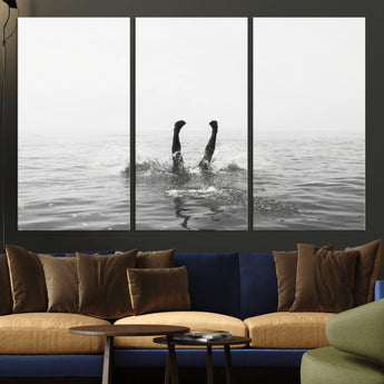 26667396-MGV-CV-36X24-Black White Ocean Wall Art Canvas Print, Framed Monochrome Water Art Picture Print, Diving into Water Perfect Minimalist Aquatic