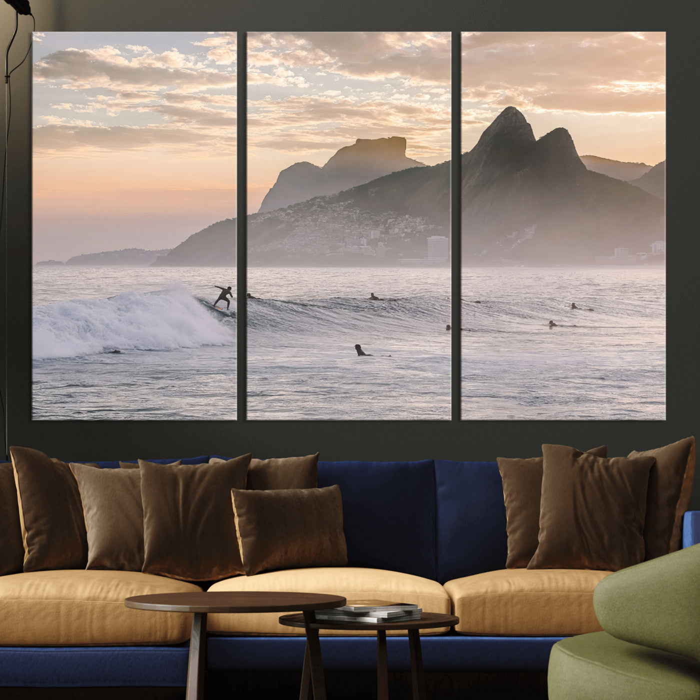 70644906-MGV-CV-36X24-Sunset Surfing Wall Art Canvas Print, Framed Misty Mountains Art Picture Print, Surfer Riding Wave Perfect Coastal Adventure Decor