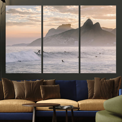 70644906-MGV-CV-36X24-Sunset Surfing Wall Art Canvas Print, Framed Misty Mountains Art Picture Print, Surfer Riding Wave Perfect Coastal Adventure Decor