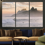 70644906-MGV-CV-36X24-Sunset Surfing Wall Art Canvas Print, Framed Misty Mountains Art Picture Print, Surfer Riding Wave Perfect Coastal Adventure Decor