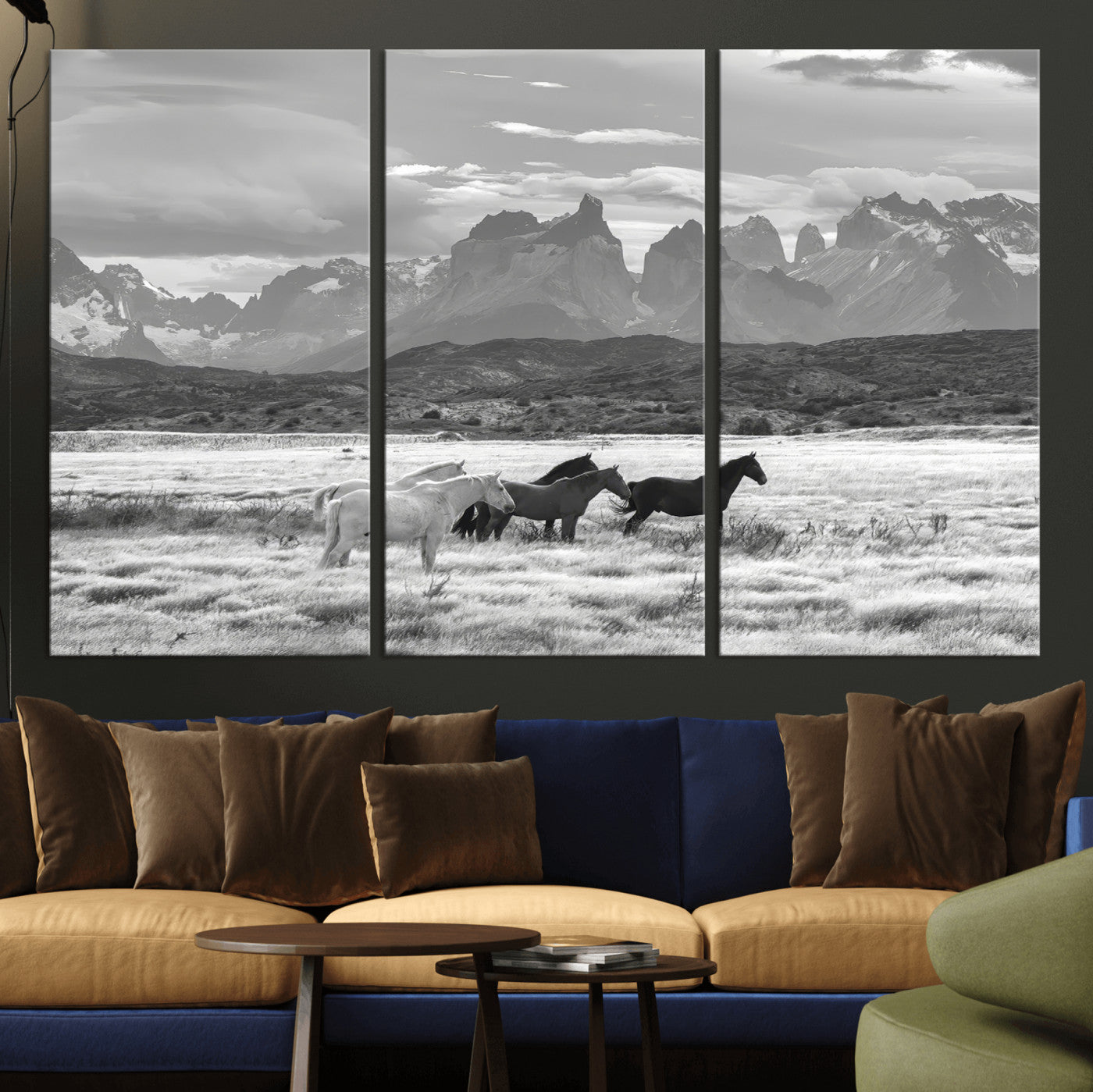 21655040-MGV-CV-36X24-Wild Horses Wall Art Canvas Print, Framed Black White Mountains Art Picture Print, Rustic Countryside Perfect Rustic Western Decor
