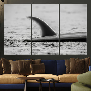 62314230-MGV-CV-36X24-Black White Surfboard Wall Art Canvas Print, Framed Minimalist Beach Art Picture Print, Surf Fin Perfect Minimalist Coastal Decor