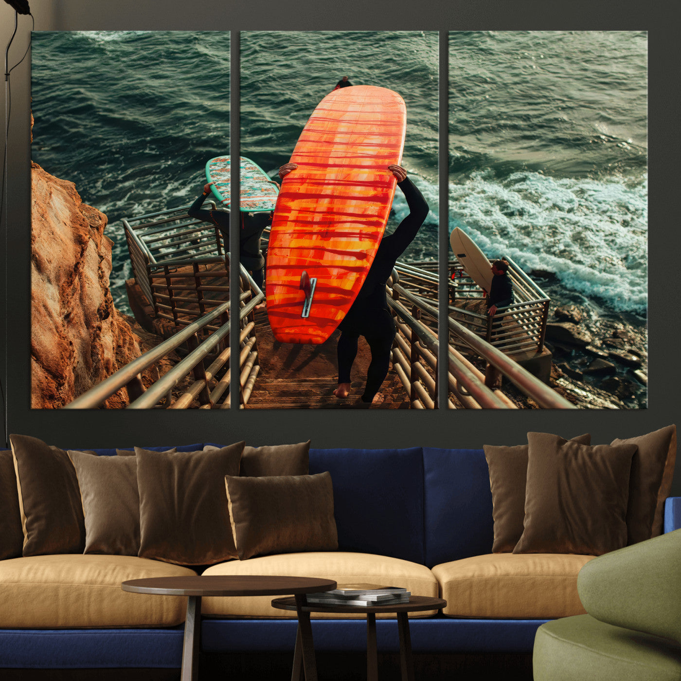 84555848-MGV-CV-36X24-Surfer Stairway Wall Art Canvas Print, Framed Ocean Surf Art Picture Print, Sunset Coastal Perfect Coastal Adventure Decor Artwork