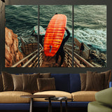84555848-MGV-CV-36X24-Surfer Stairway Wall Art Canvas Print, Framed Ocean Surf Art Picture Print, Sunset Coastal Perfect Coastal Adventure Decor Artwork