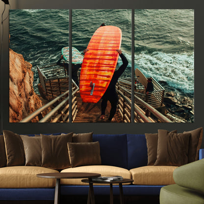 84555848-MGV-CV-36X24-Surfer Stairway Wall Art Canvas Print, Framed Ocean Surf Art Picture Print, Sunset Coastal Perfect Coastal Adventure Decor Artwork