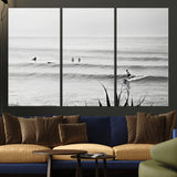 33821421-MGV-CV-36X24-Surfer Silhouette Wall Art Canvas Print, Framed Calm Ocean Art Picture Print, Monochrome Surf Perfect Minimalist Coastal Decor