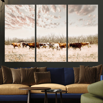 64892775-MGV-CV-36X24-Longhorn Cattle Wall Art Canvas Print, Framed Texas Ranch Art Picture Print, Western Cow Perfect Western Decor Artwork