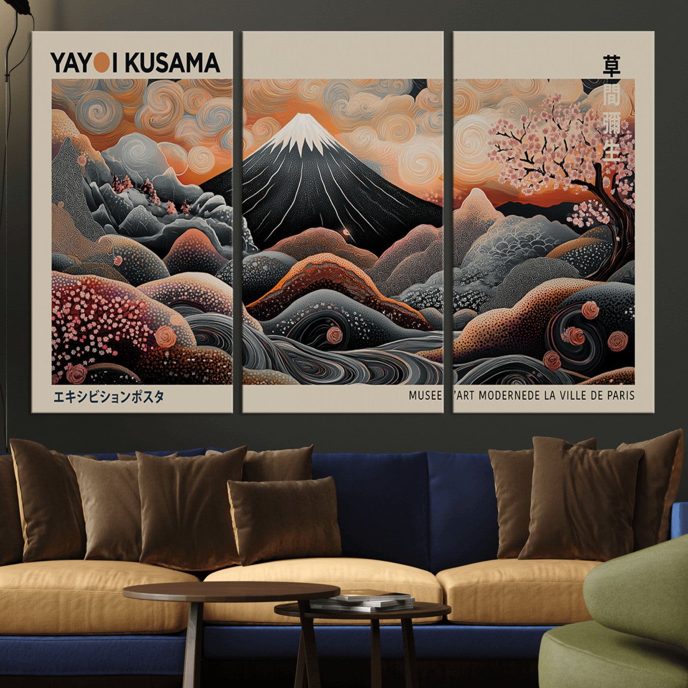 55739266-MGV-CV-36X24-Japanese Wall Art Print – Abstract Yayoi Kusama Inspired Dotted Landscape Poster, Surreal Oriental Mountain and Cherry Blossom