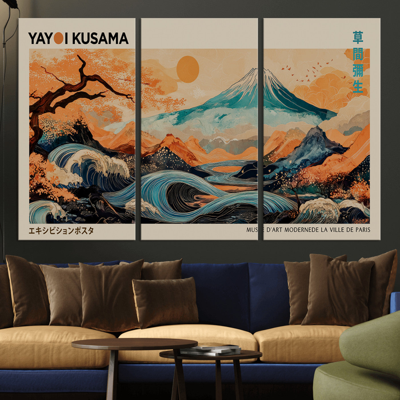 22373530-MGV-CV-36X24-Japanese Mt Fuji Wave Art Print – Ukiyo e Inspired Sun & Cherry Blossom Poster, Traditional Asian Landscape Painting, Modern